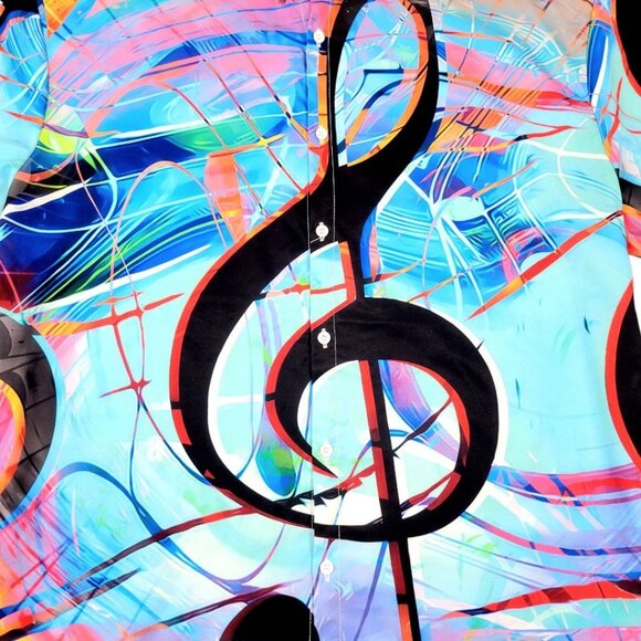Mens 1XL Button-Up Short-Sleeve Vibrant Music Note Multicolor Abstract Print - Picture 6 of 12